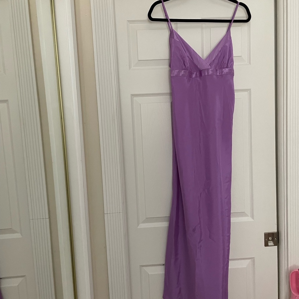 NWOT  Victoria’s Secret purple satin long gown with slit. Medium